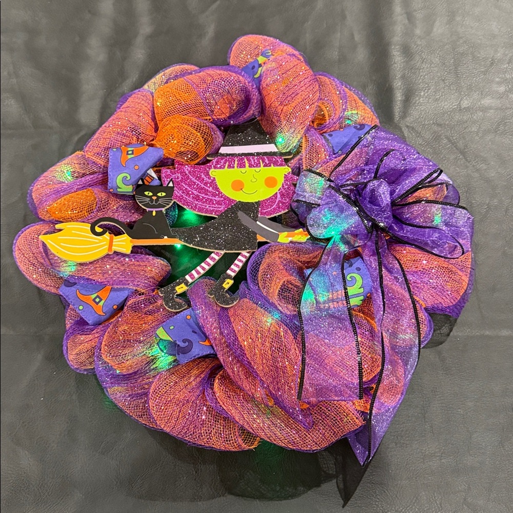 Halloween Witch and Cat Wreath - Purple and Orange